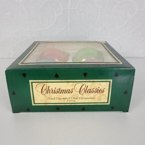 Vtg Christmas by Krebs Pastel Colors Hand Decorated Glass Ornaments 4pcs w/ Box - Picture 7 of 14